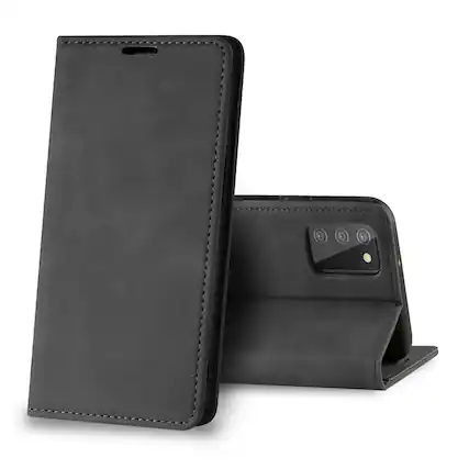 Front. Reiko - Magnetic Wallet Leather Phone Case For Samsung Galaxy A02S (Black) - Black.