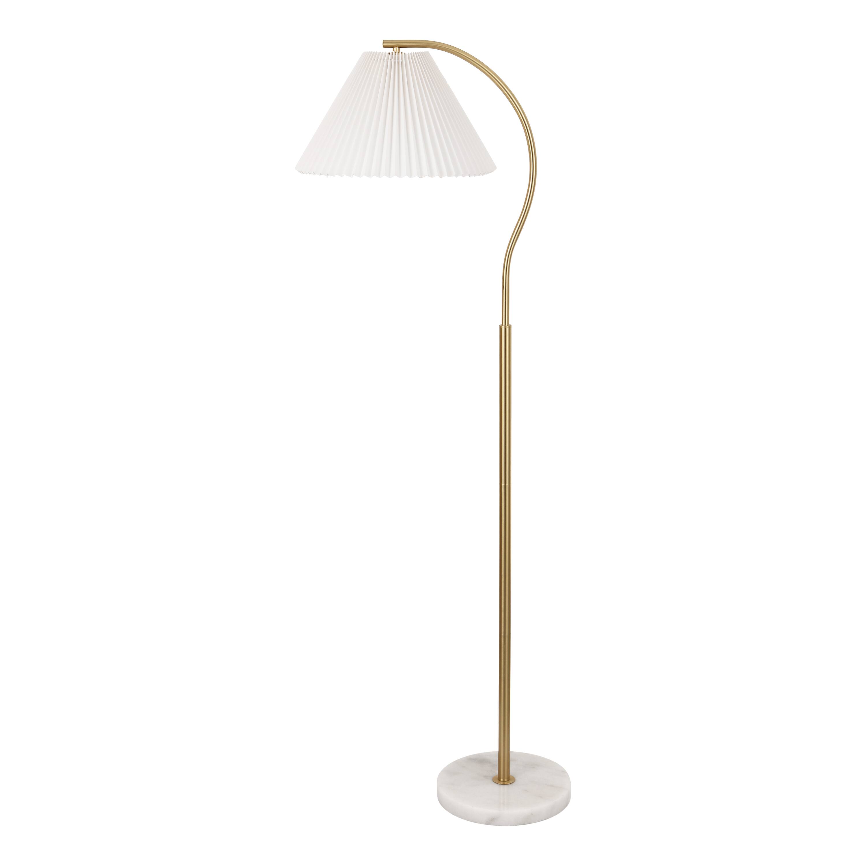 Alt View 6. Jonathan Y - Devon 60.5" Modern Glam Metal Arc LED Floor Lamp with Pleated Shade with Marble Base, Brass Gold/White - Brass Gold.