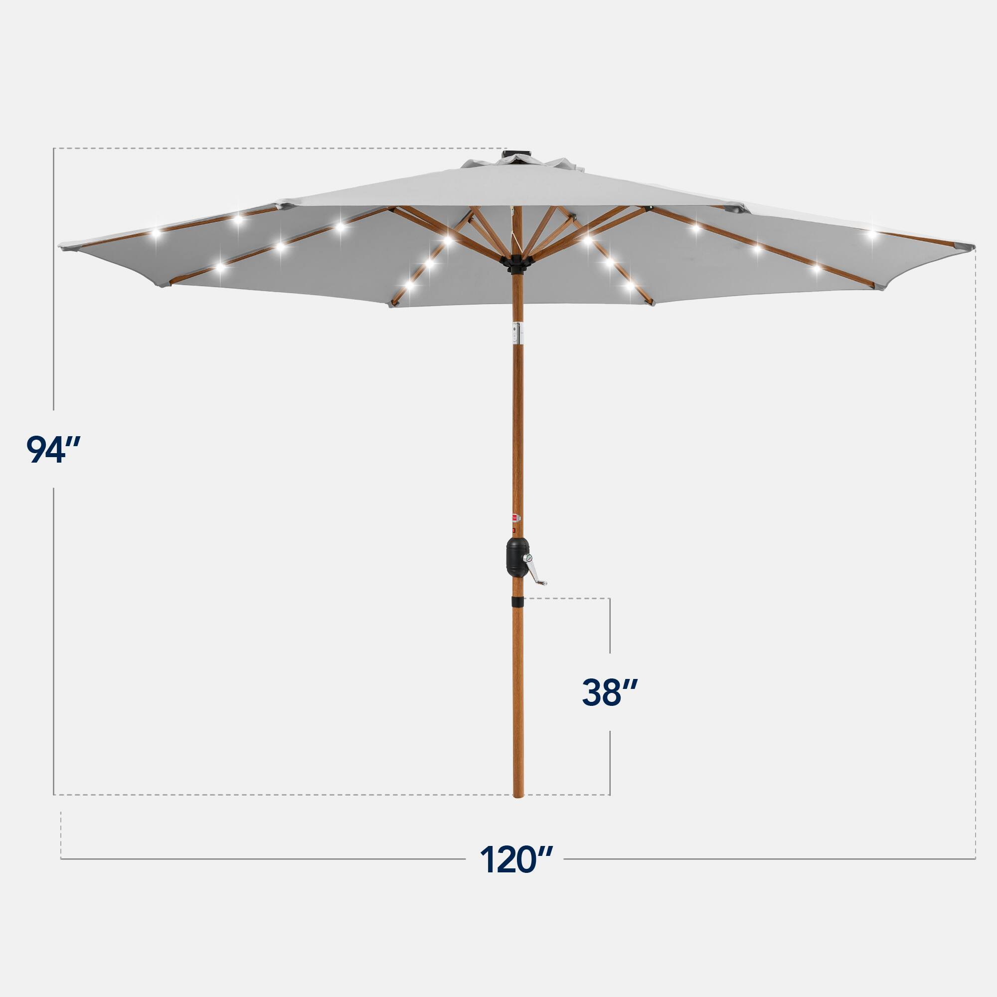 The dimensions of the umbrella are:

- Diameter: 94"
- Height: 38"
- Overall length: 120"