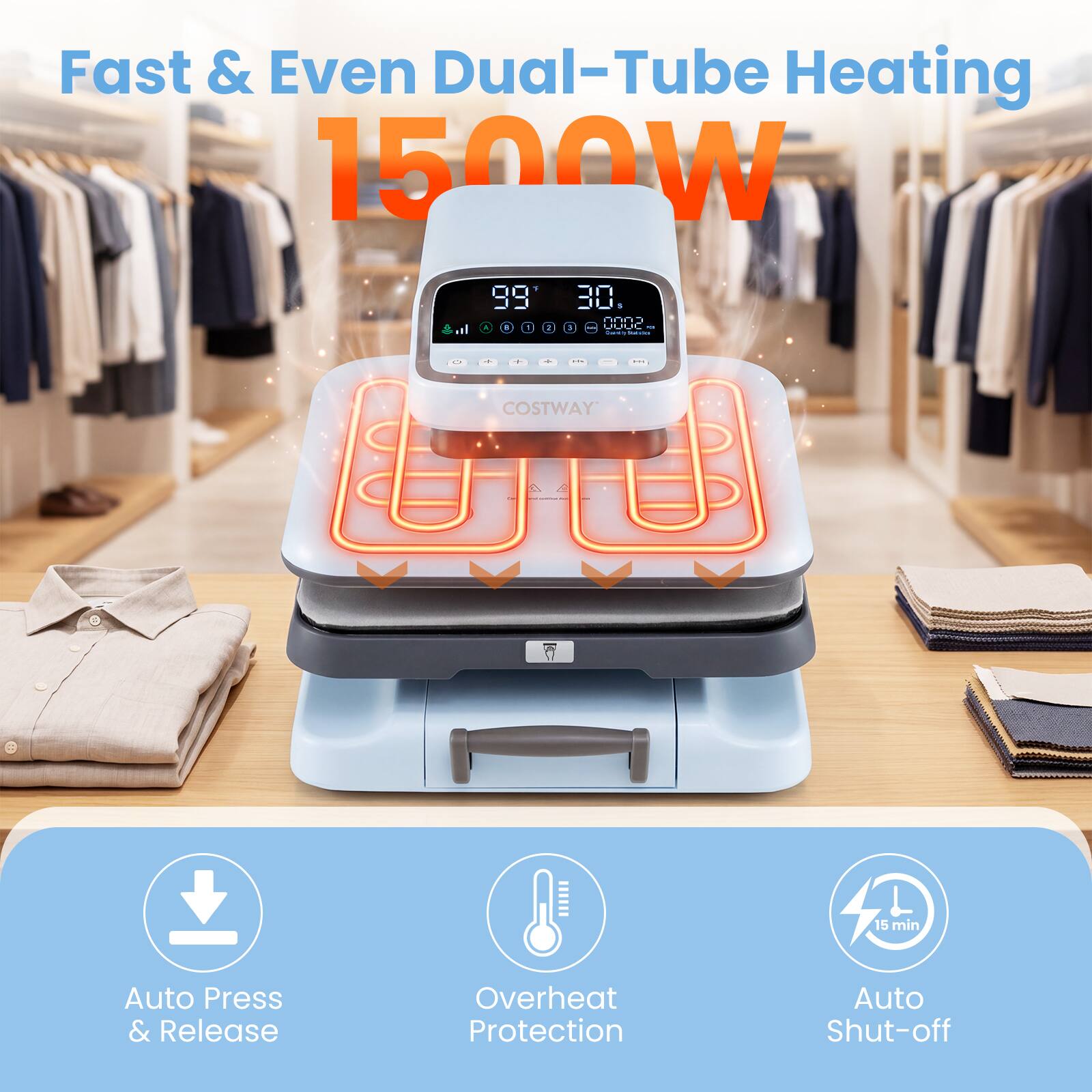 Fast & Even Dual-Tube Heating  
1500W  

COSTWAY Auto Press & Release  
Overheat Protection  
15 min Auto Shut-off