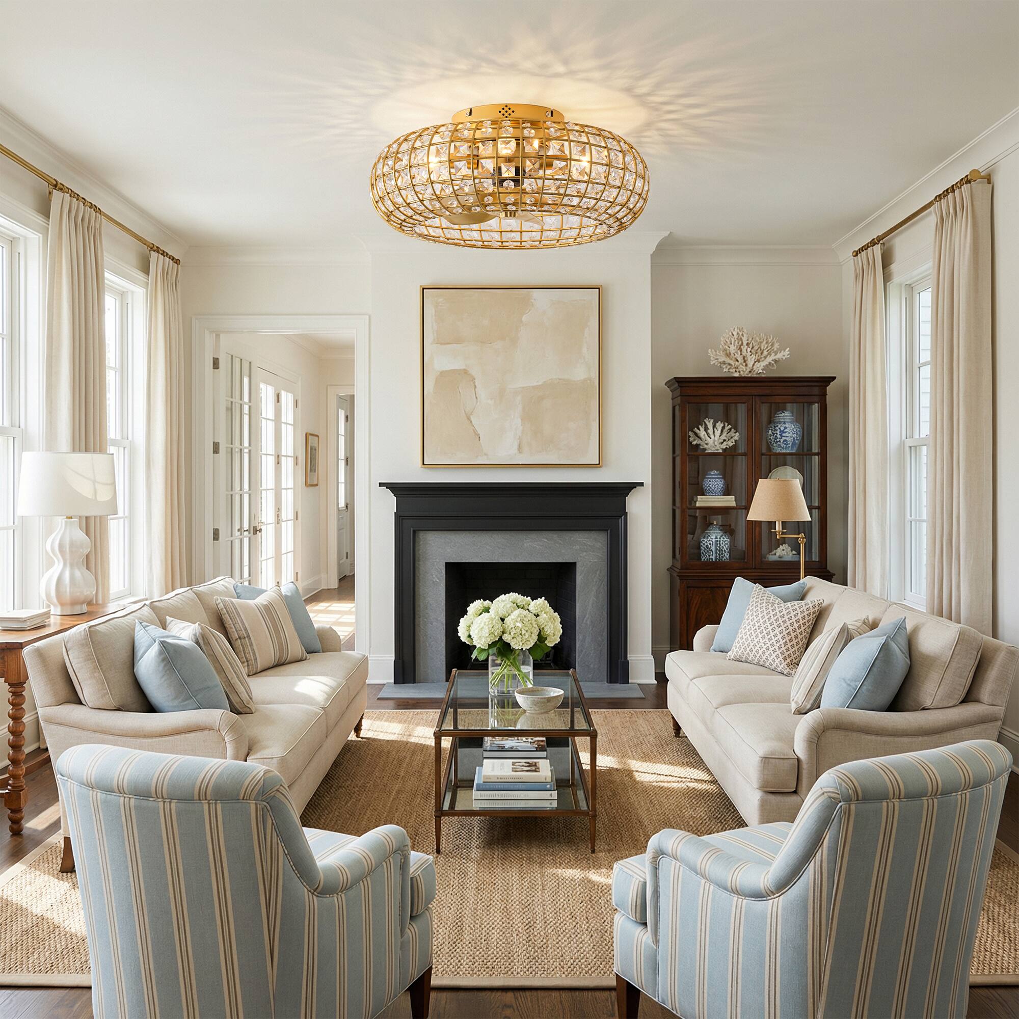 Angle. Vaczon - 20" Modern Luxury Crystal Flush Mount Caged Ceiling Fan with Light and Remote, 6-Speed DC Motor - Gold.