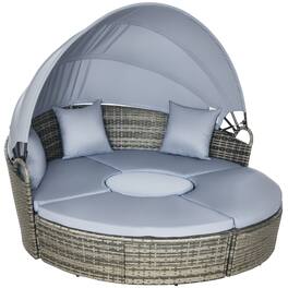 Outsunny - 4 Piece Round Rattan Daybed, Convertible Patio Furniture Set, Adjustable Sun Canopy, Sectional Outdoor Sofa, 2 Chairs - Light Gray