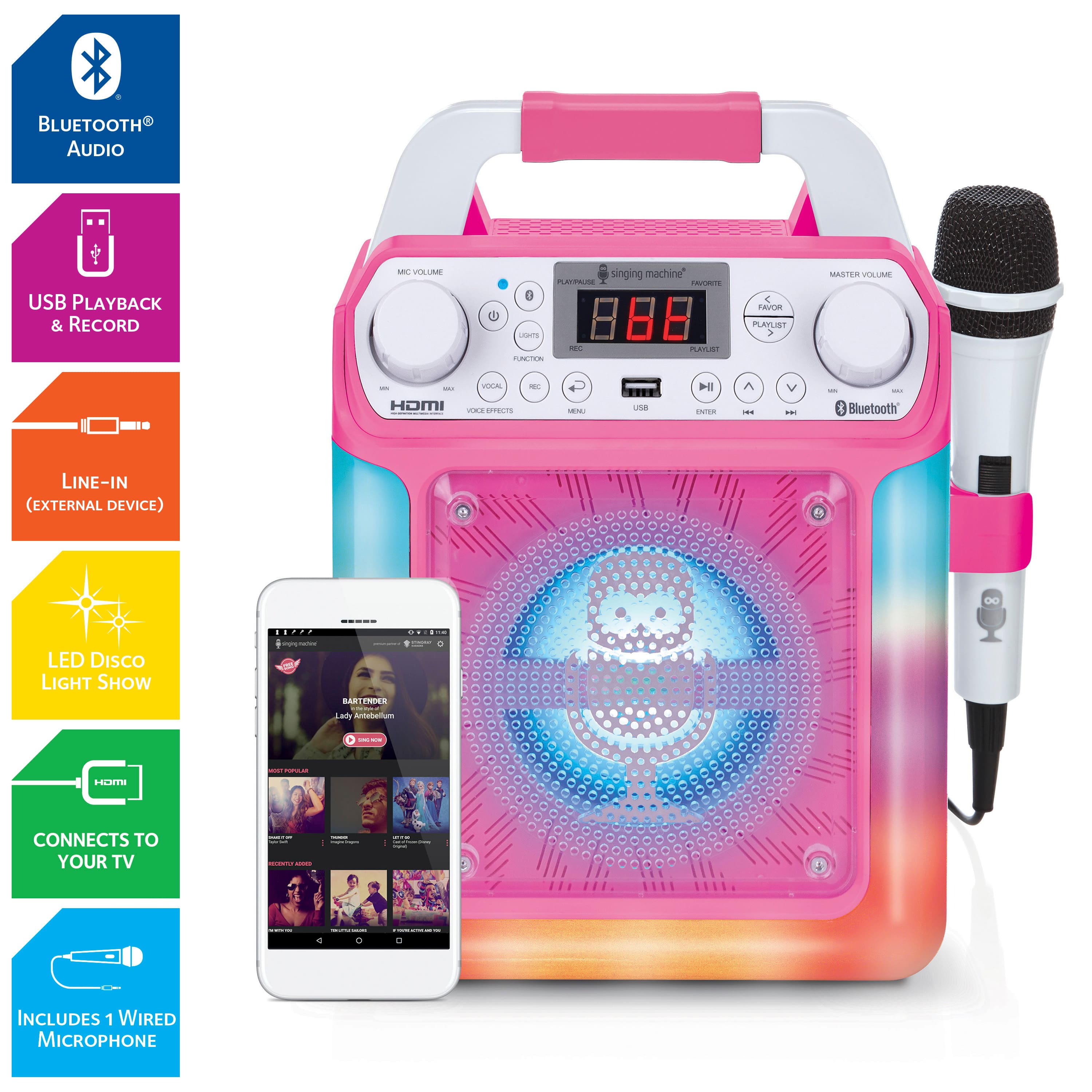 The image features a pink karaoke machine with a built-in speaker and microphone. It also has a USB playback and record feature, allowing users to play and record their performances. The machine is equipped with Bluetooth audio, allowing users to connect their smartphones or other devices for additional audio options. The karaoke machine also has a line-in feature for connecting external devices, such as a guitar or other instruments. Additionally, the machine includes a LED disco light show, enhancing the overall karaoke experience. The device connects to a TV for an even more immersive experience. The package comes with a wired microphone, providing users with an additional option for their performances.