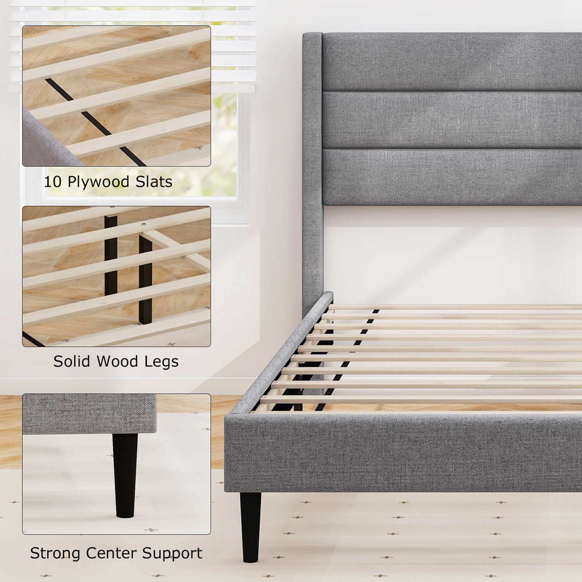 The text on the image reads: "10 Plywood Slats Solid Wood Legs Strong Center Support."