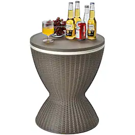 Costway - 8 Gallon 3 in 1 Patio Rattan Cooler Bar Table Adjust Ice Bucket - Brown