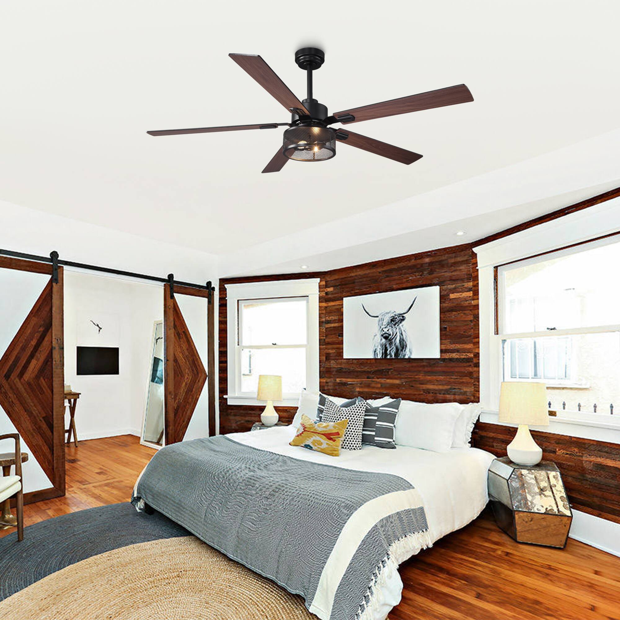 Left. Parrot Uncle - 60" Black Reversible Wood 5-Blade Smart Ceiling Fan with Light and APP Control - Matte Black.