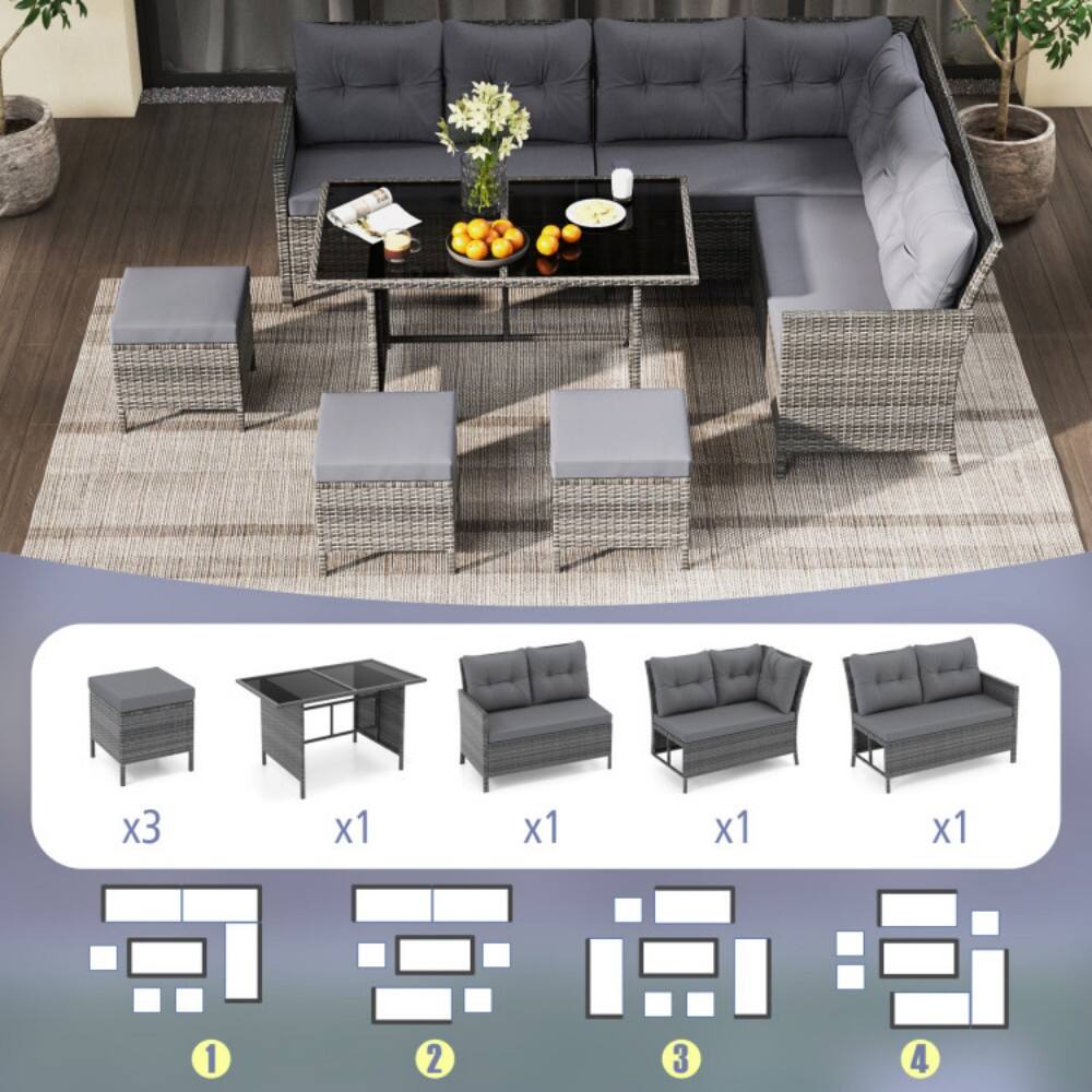 Alt View 2. Mondawe - 7 Pieces Patio Dining Furniture Set with Soft Cushions and Ottomans - Grey.