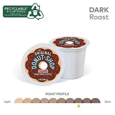 RECYCLABLE K-CUP PODS  
NOT RECYCLED IN ALL COMMUNITIES  

DARK Roast  

THE ORIGINAL DONUT SHOP  
DARK ROAST COFFEE  
KEURIG  

ROAST PROFILE  
Light  
Dark