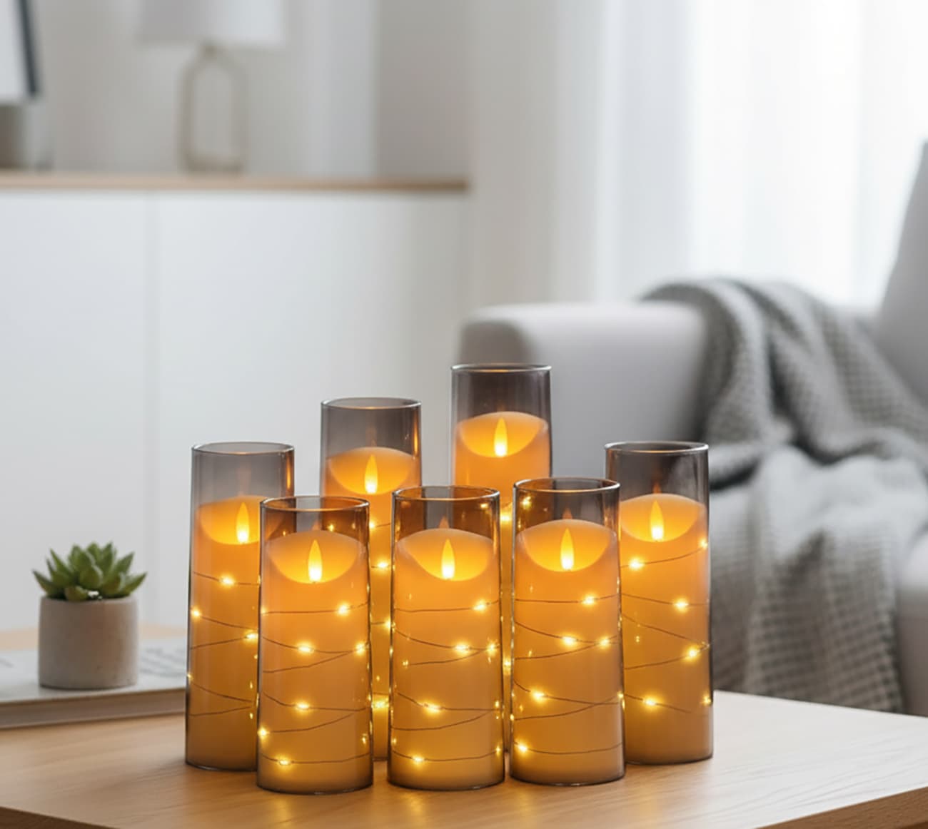 Alt View 2. FINEAK - 7 Pack Grey Flameless LED Pillar Candles: Embedded String Lights, Battery-Operated with Remote & Timer - Gray.