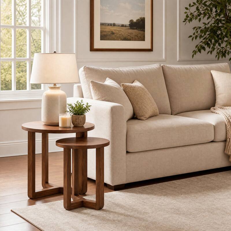 Angle. WELLFOR - Round Nesting Coffee Table with Thickened Top, Set of 2 Wood Center Table End Tables Table for Living Room - Walnut.