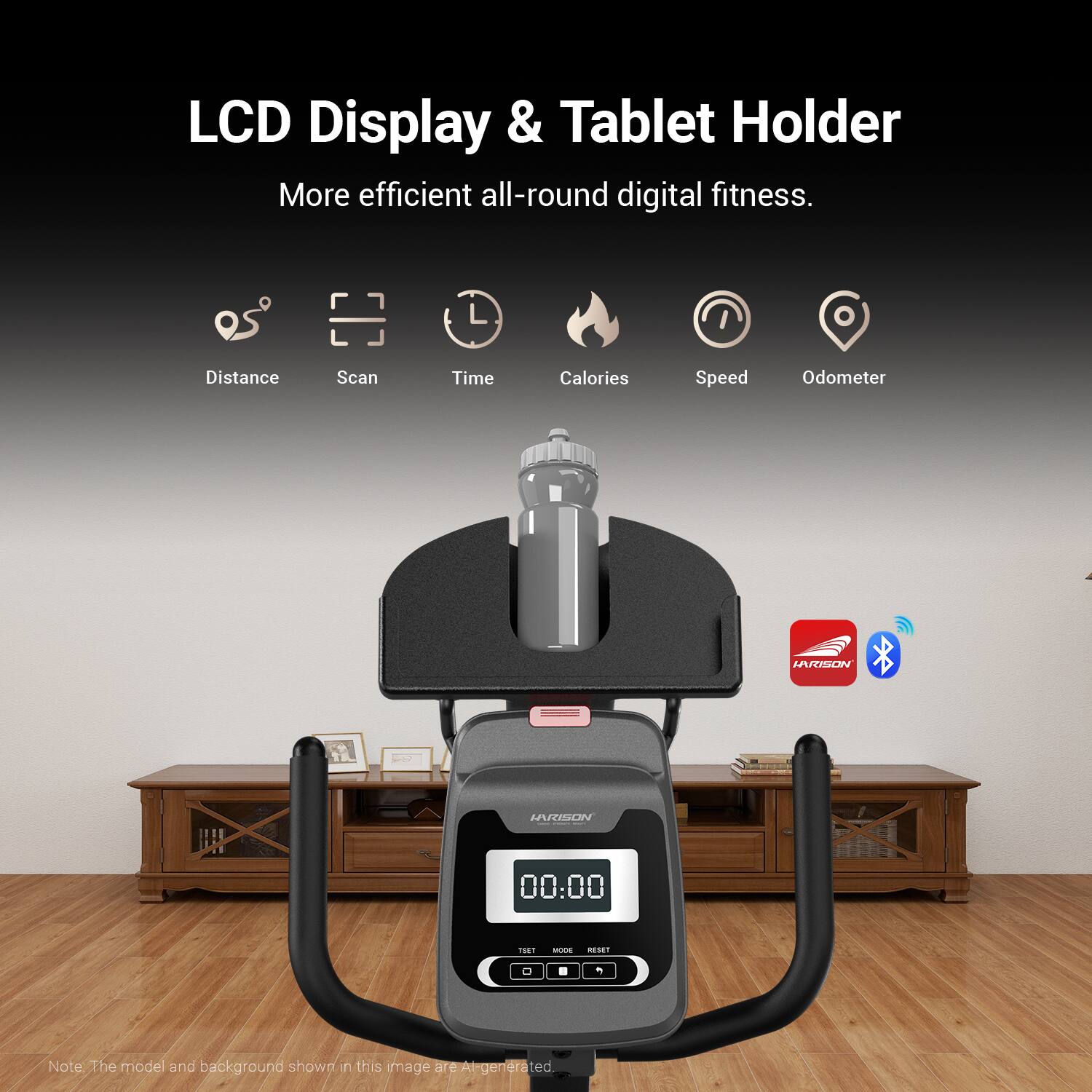 LCD Display & Tablet Holder  
More efficient all-round digital fitness.  
Distance Scan Time Calories Speed Odometer  
HARISON PRISON 00:00  
T81 ad ET D  

Note: The model and background shown in this image are AI-generated