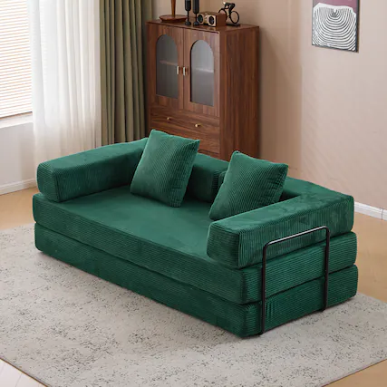 Front. Anysun - Corduroy Convertible Floor Sofa Bed with Pillow Support & Armrest - Compression Couch Sleeper for Living Room & Bedroom - Green.