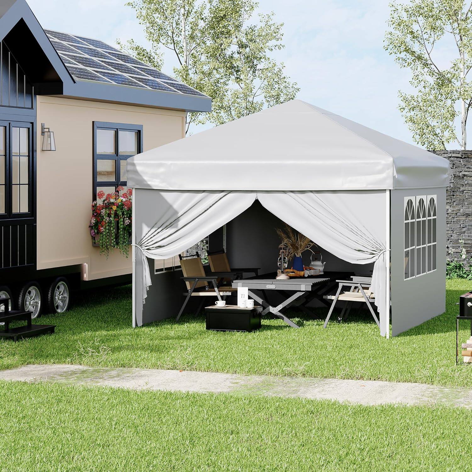 Alt View 5. Homhougo - 10'x10' Easy Pop Up Canopy Tent with 4 Detachable Window Sidewalls - Waterproof Outdoor Portable Canopy with Carry - White.