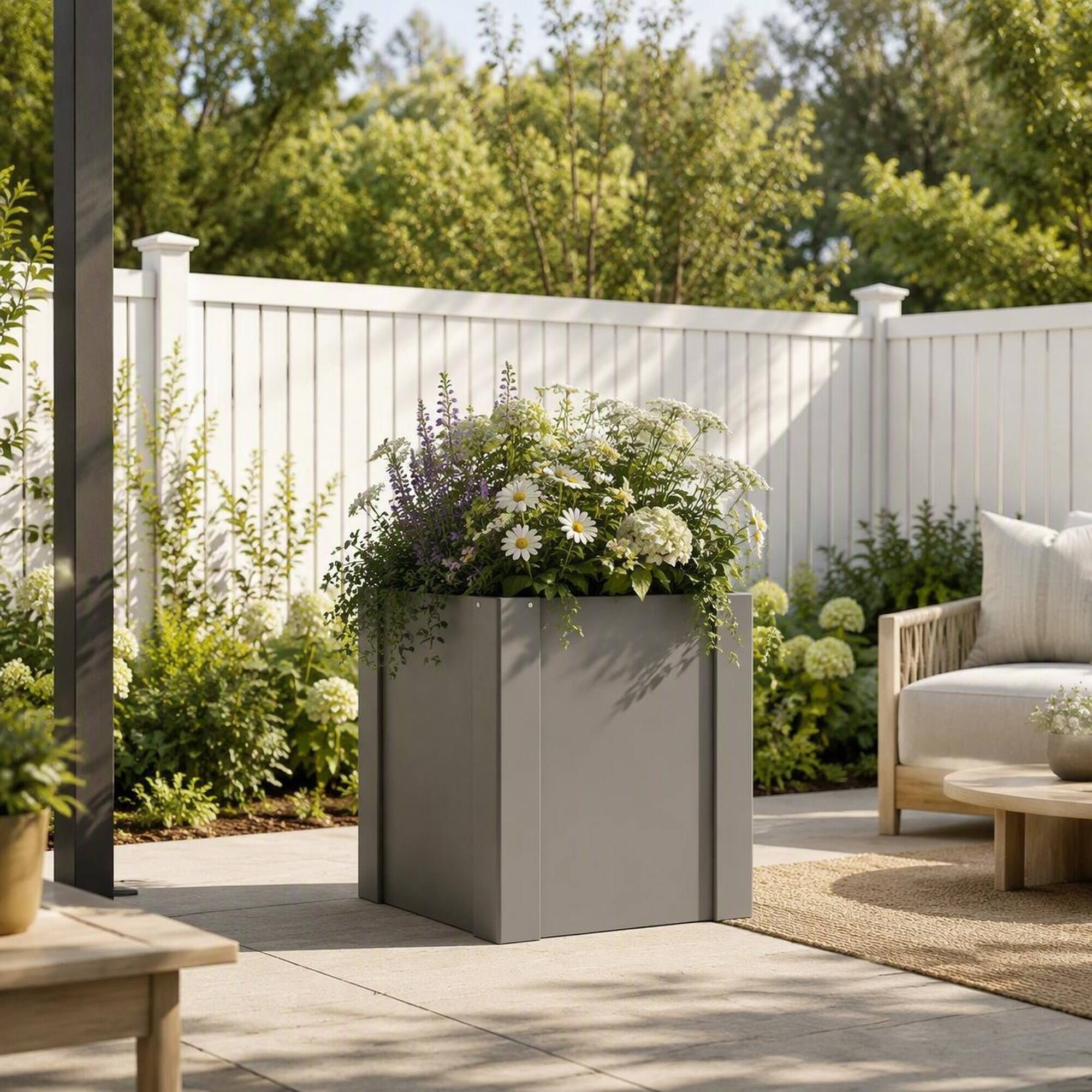 Back. RYHNUYNE - Elevated Outdoor Planter Box 16.9x16.9x18.1 Inch Galvanized Steel Raised Garden Bed for Patio Balcony Vegetables - Black.