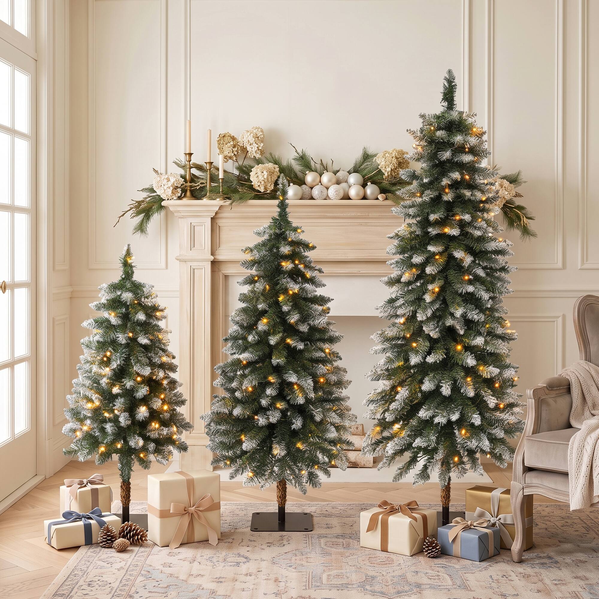 Front. Jandcase - 3‑Pack Pre‑Lit Snow Flocked Pencil Christmas Tree Set, 3FT/ 4FT/ 5FT Slim Artificial Xmas Trees with Warm LED Lights & - White.