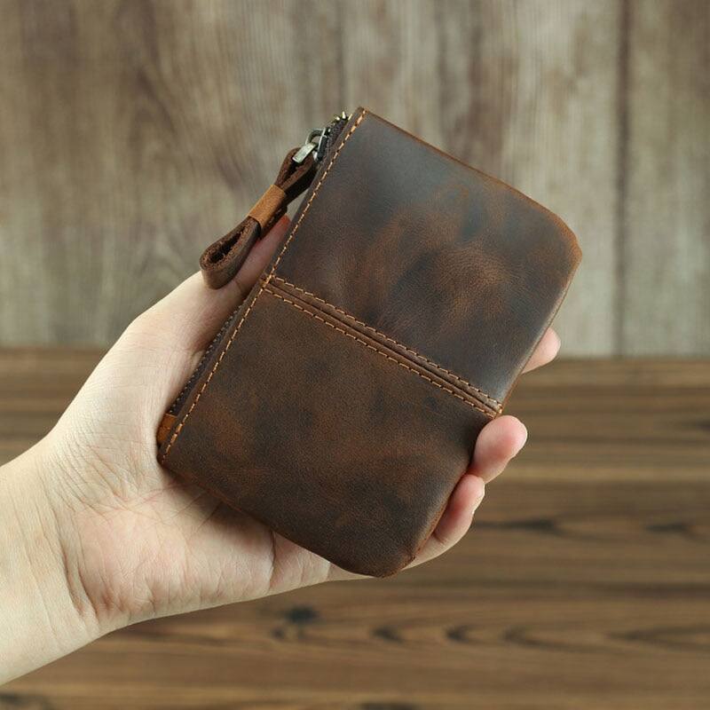 Angle. Steel Horse Leather - The Cael | Handmade Leather Coin Purse with Zipper - Brown.