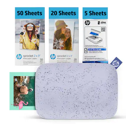 50 Sheets 20 Sheets 5 Sheets hp zink
hp sprocket 2 x 3" Photo paper/papier
50 Works exclusively with Sprocket 2-in-1
20 Works exclusively with Sprocket 2-in-1
5 sticky backed photo sheets
Works exclusively with HP sprocket & sprocket 2-in-1