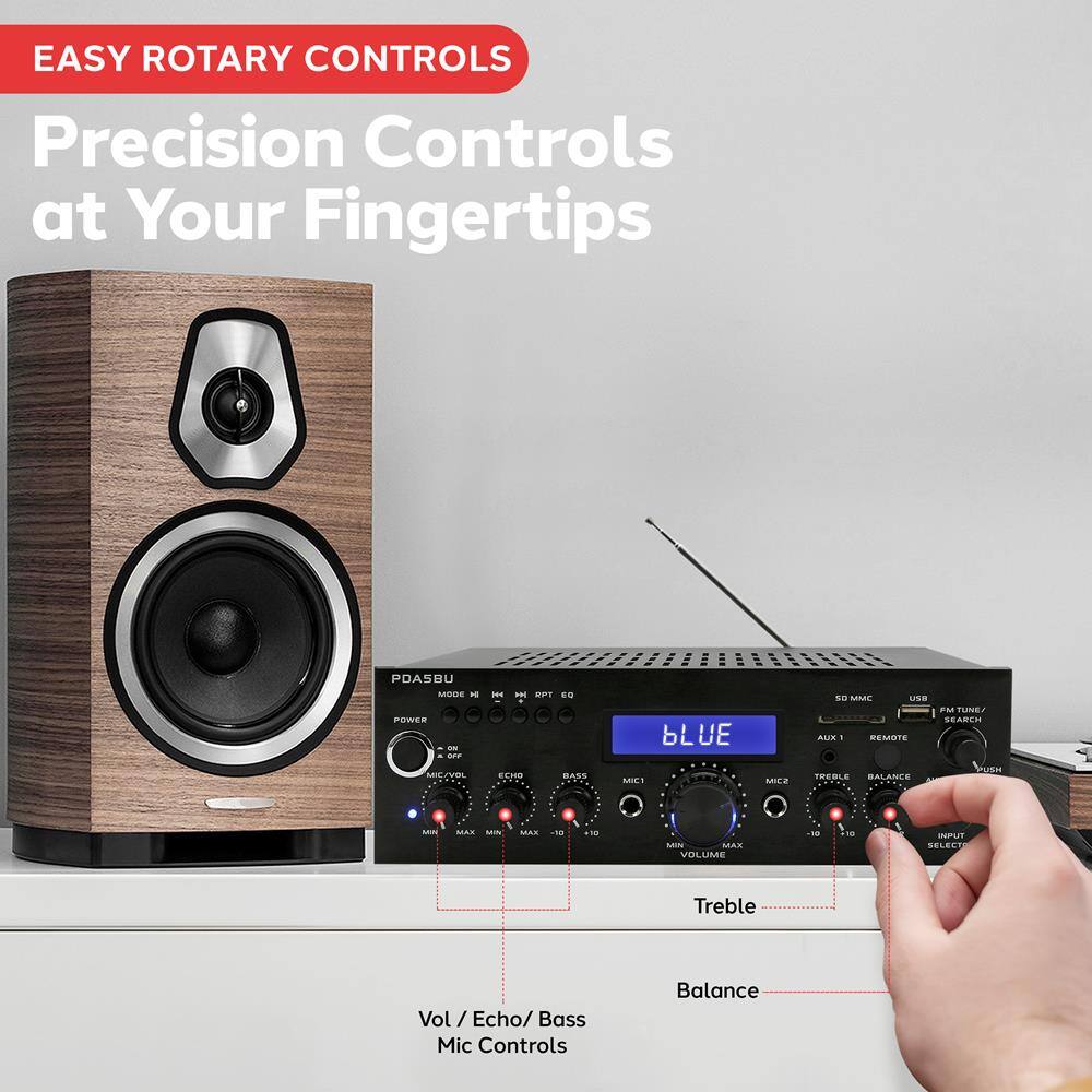 EASY ROTARY CONTROLS  
Precision Controls at Your Fingertips  

Vol / Echo / Bass Mic Controls  
Treble  
Balance  

POWER  
MIC1  
MIC2  
BASS  
TREBLE  
BALANCE  
VOLUME  
MIN  
MAX  

MODE  
ON  
OFF  
ECHO  
MIC/VOL  
MIN  
MAX  

AUX1  
REMOTE  
FM TUNE/SEARCH  
USB  
SD/MMC  
INPUT SELECT