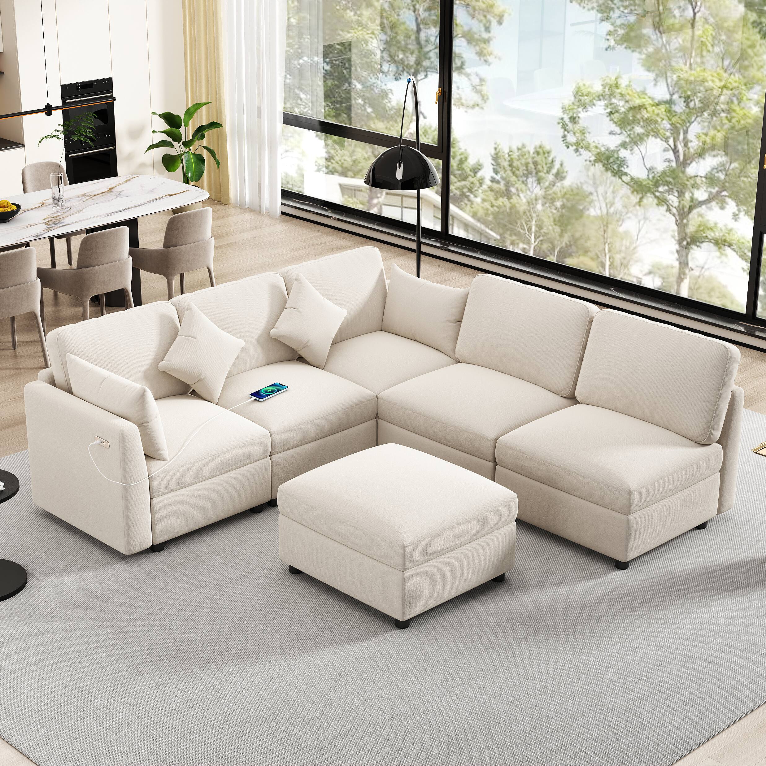 Angle. Whisen - Modular U-Shaped Sectional Sofa Bed with a Movable Ottoman and Two USB Ports for Living Room - Beige.