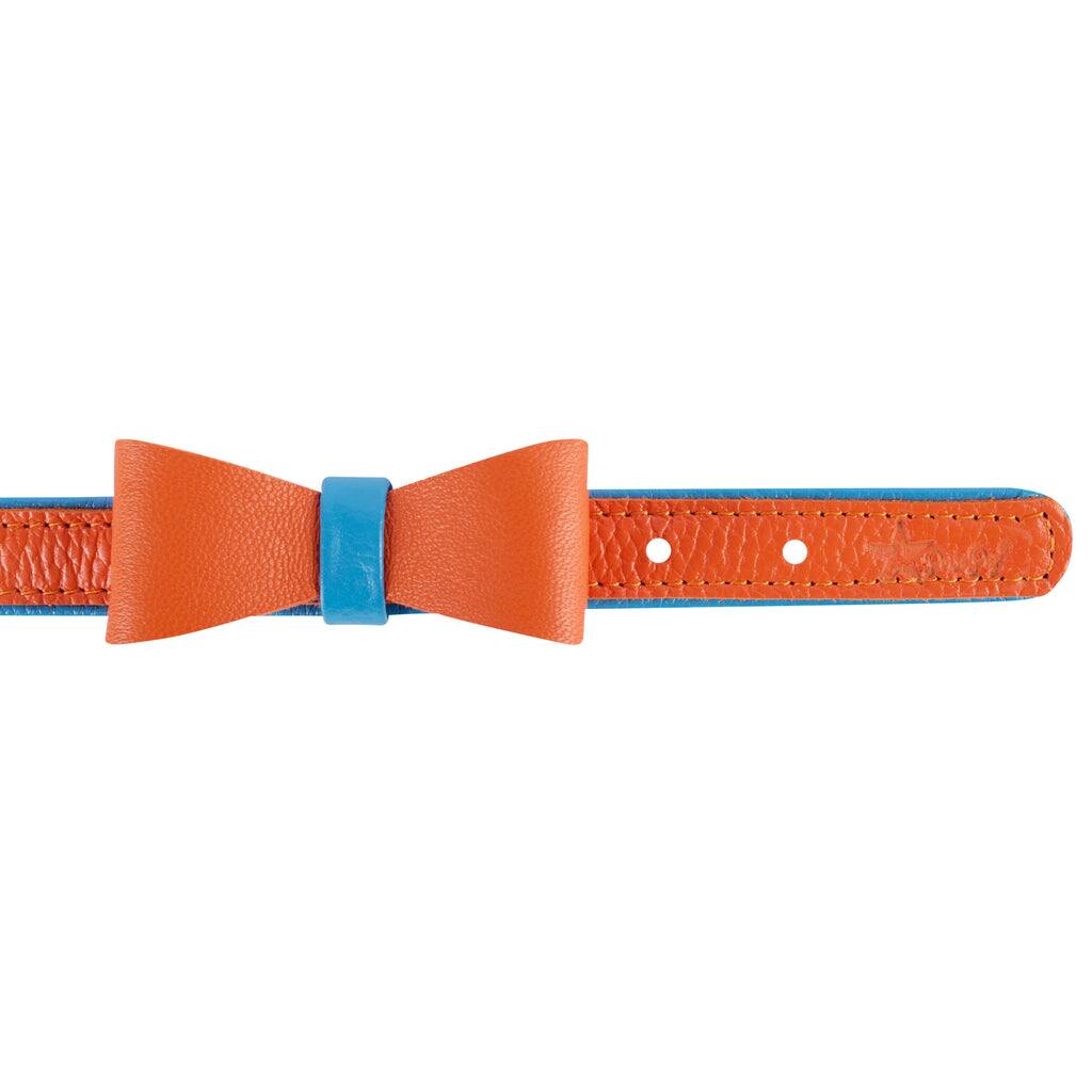 Angle. PoisePup - Cute Handmade Genuine Soft Full Grain Leather Dog Bow Tie - Orange | Blue.