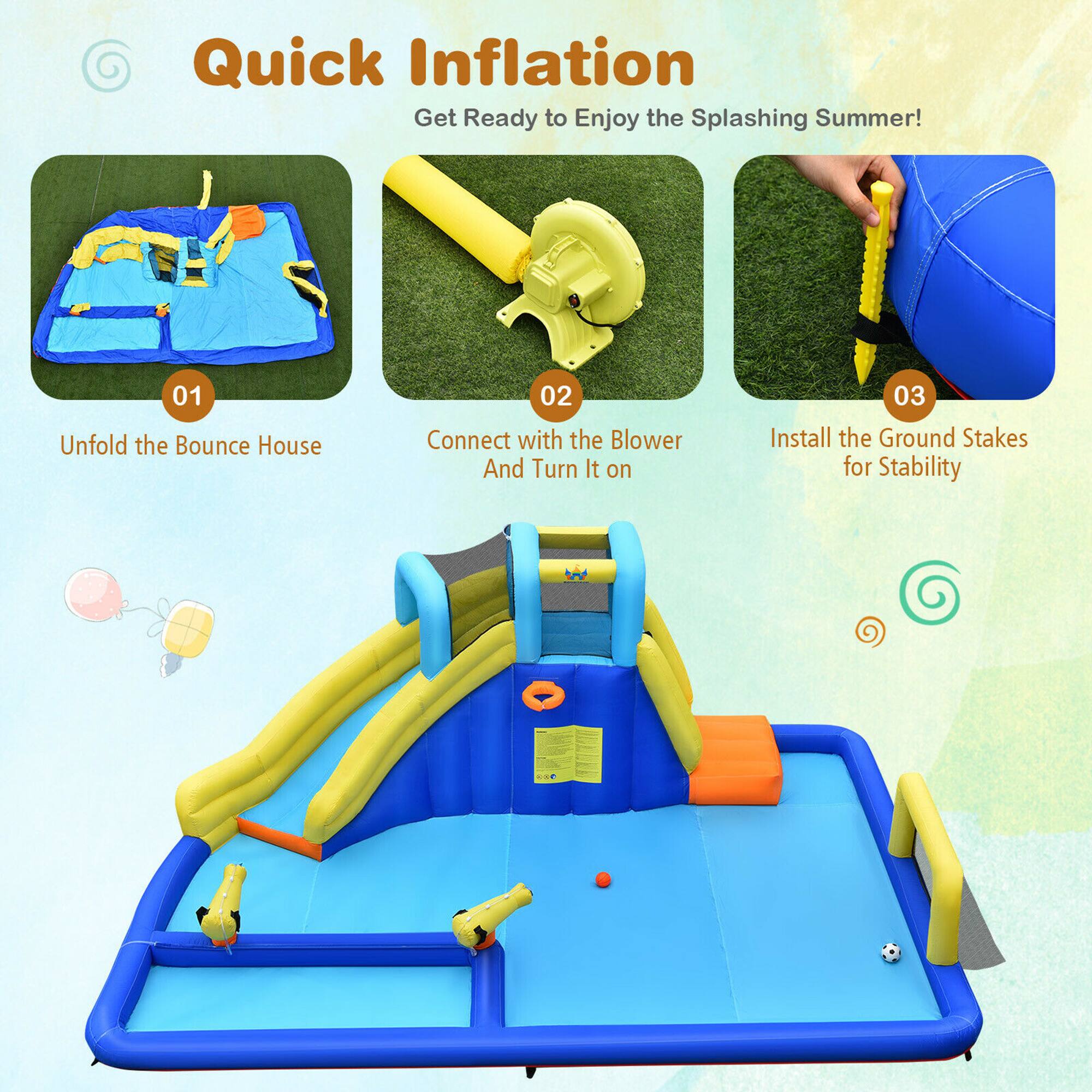 Quick Inflation  
Get Ready to Enjoy the Splashing Summer!

01 Unfold the Bounce House  
02 Connect with the Blower And Turn It on  
03 Install the Ground Stakes for Stability