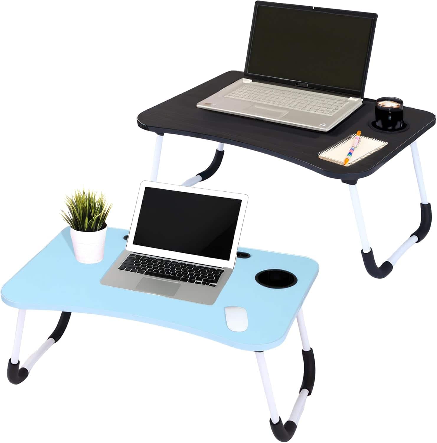 FC Design - 2 Pack Foldable Laptop Cumputer Table, Breakfast Serving Bed Tray, Lap Desk with Foldable Leg - Black/Blue - Black and Blue