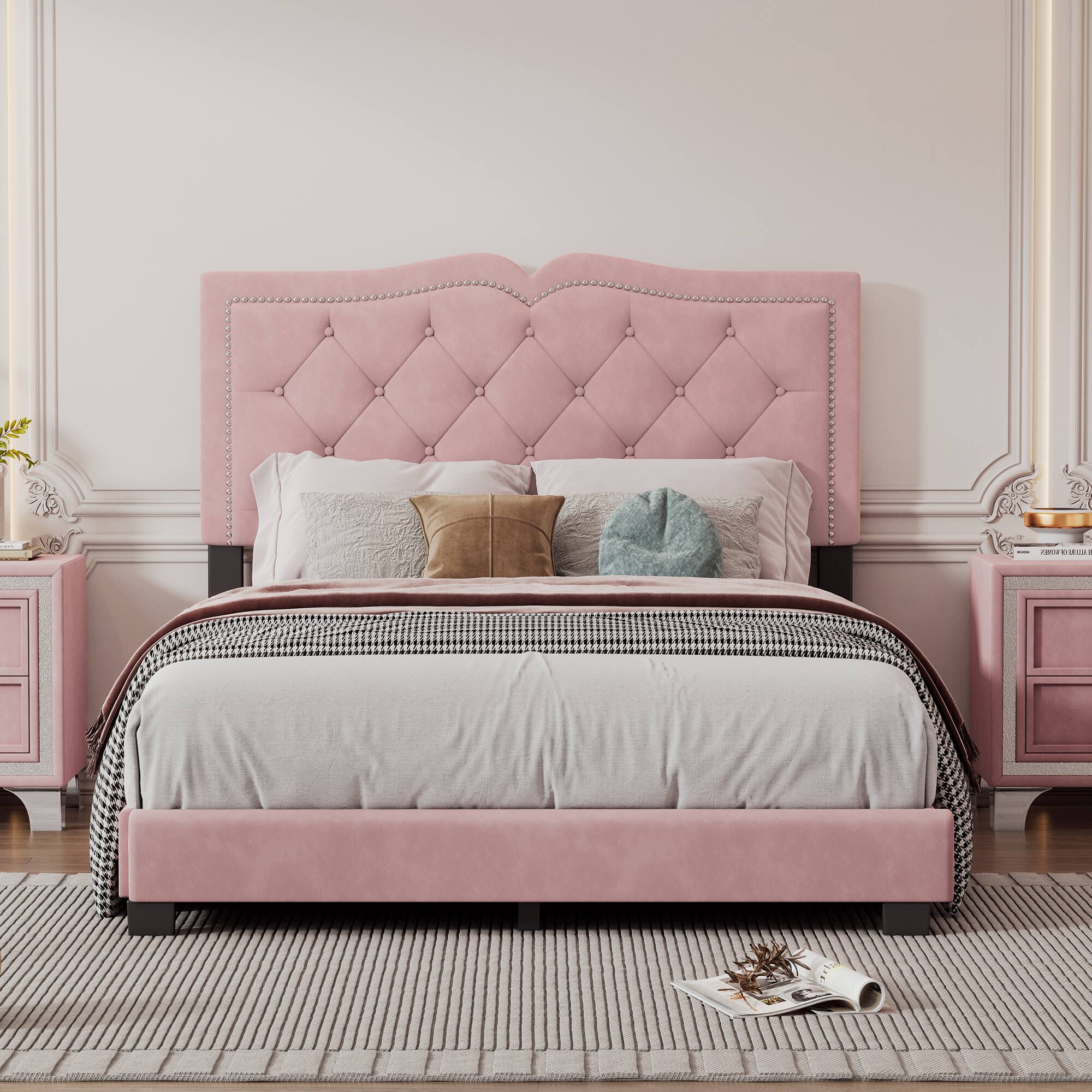 Angle. Tiramisubest - Full Size Upholstered Bed Frame with Rivet Design, Modern Velvet Platform Bed with Tufted Headboard,Pink - Pink.