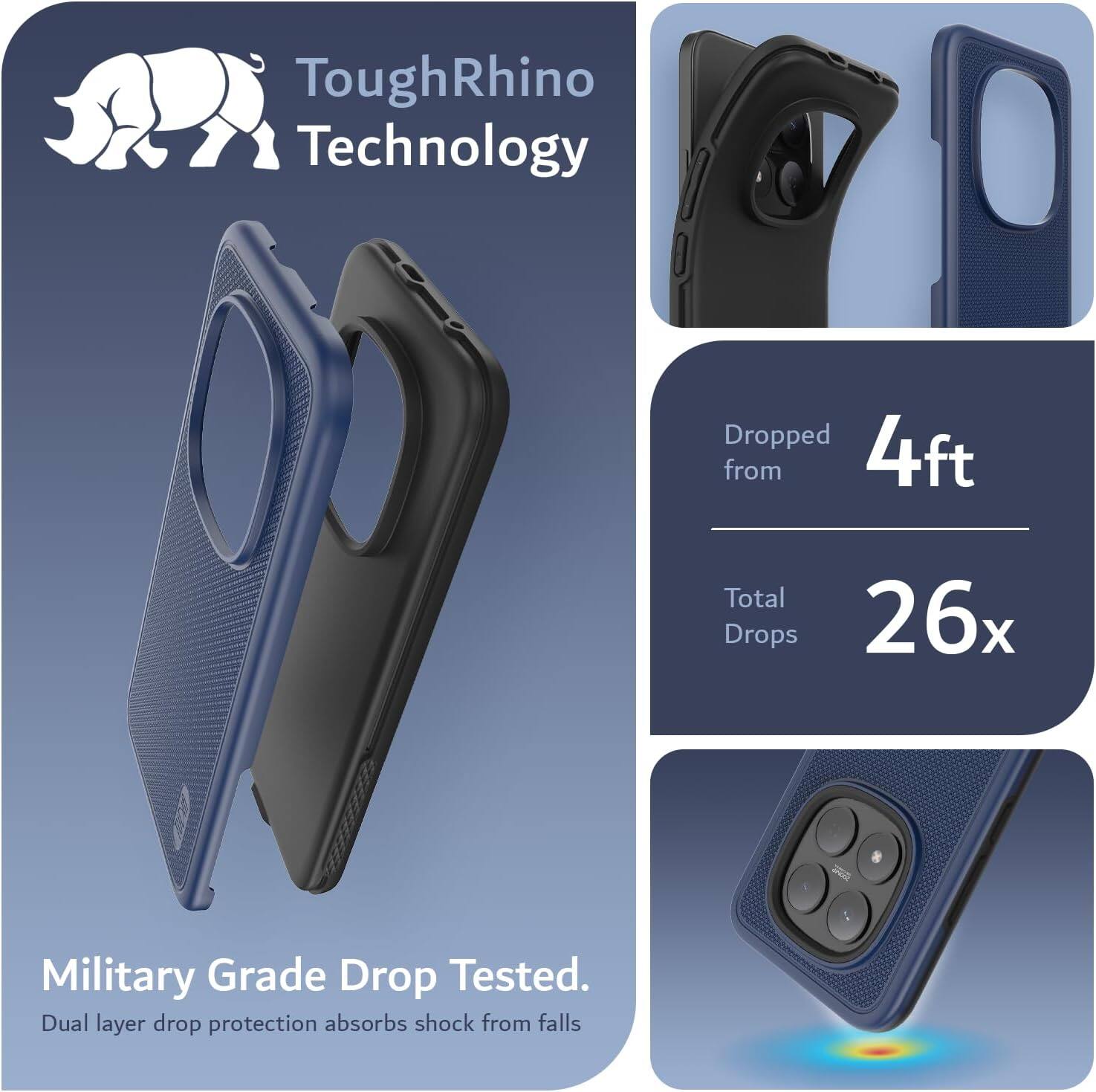 ToughRhino Technology Dropped from 4ft Total Drops 26x - Military Grade Drop Tested. Dual layer drop protection absorbs shock from falls