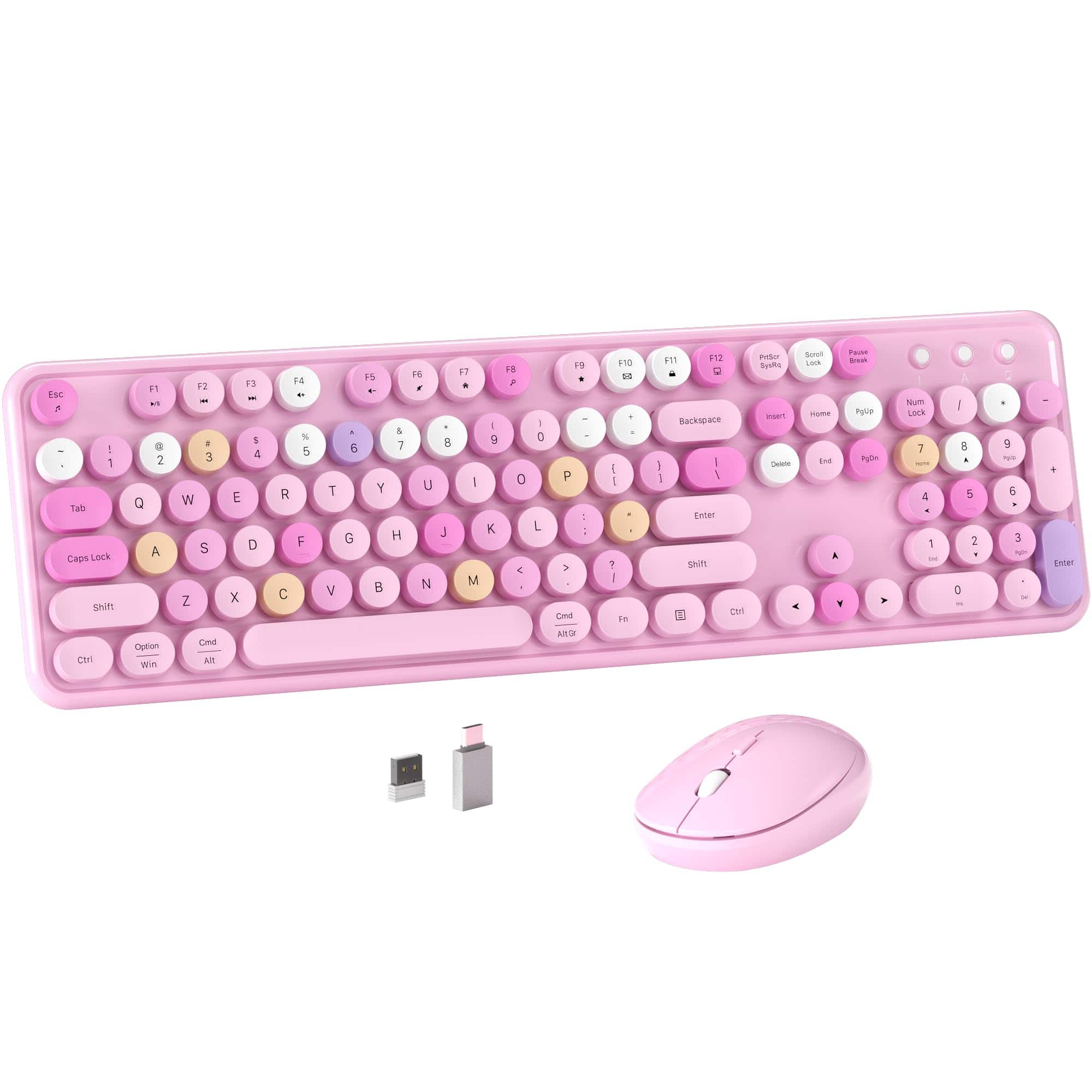 TECH SAFARI - Colorful Wireless Computer And Mouse Combo With Round Typewriter Keycaps Retro Design Power For Windows Pc - Pink-Colorful