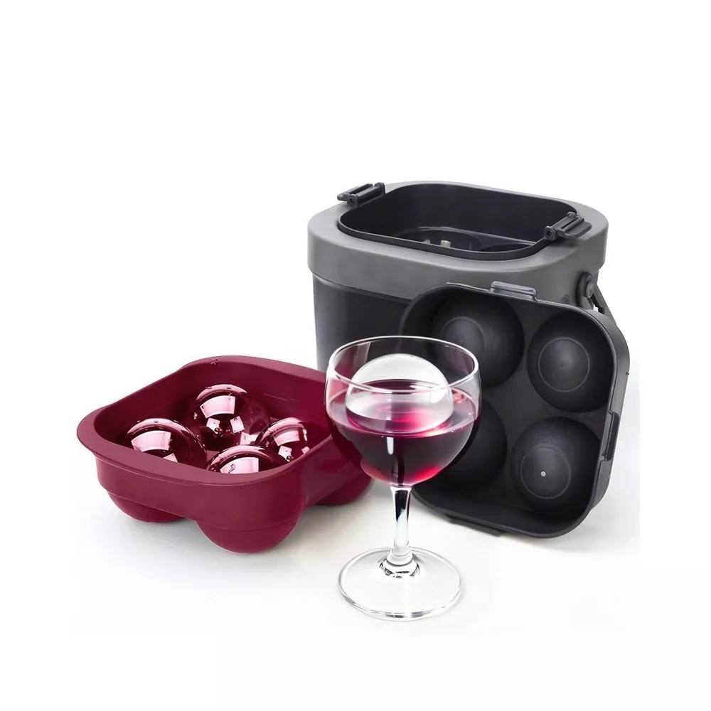 Front. SKONYON - Crystal Clear Ice Ball Maker – 4 Large 3.8 oz Spheres with Silicone Tray & Insulated Bucket - Wine Red.