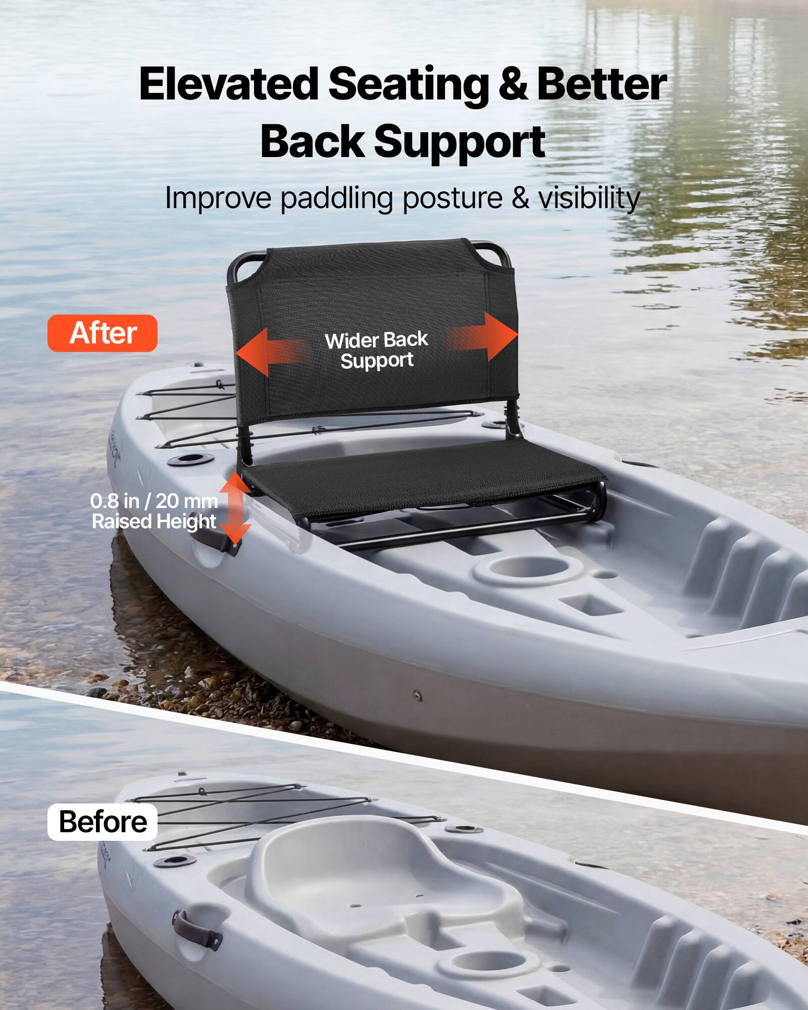 Elevated Seating & Better Back Support  
Improve paddling posture & visibility  

After  
Wider Back Support  

0.8 in / 20 mm Raised Height  

Before
