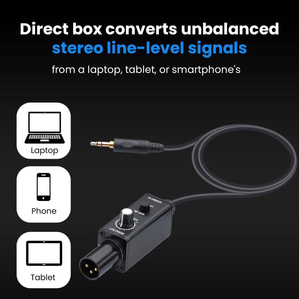 Direct box converts unbalanced stereo line-level signals from a laptop, tablet, or smartphone's

Laptop
Phone
Tablet