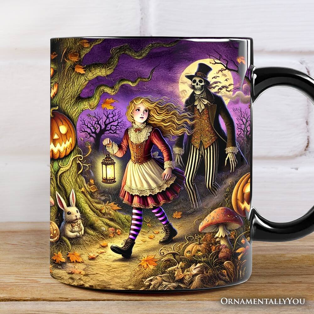 Back. OrnamentallyYou - Spooky Parable Alice’s Adventure in Wonderland Mug, Halloween Ceramic Gift - Black.