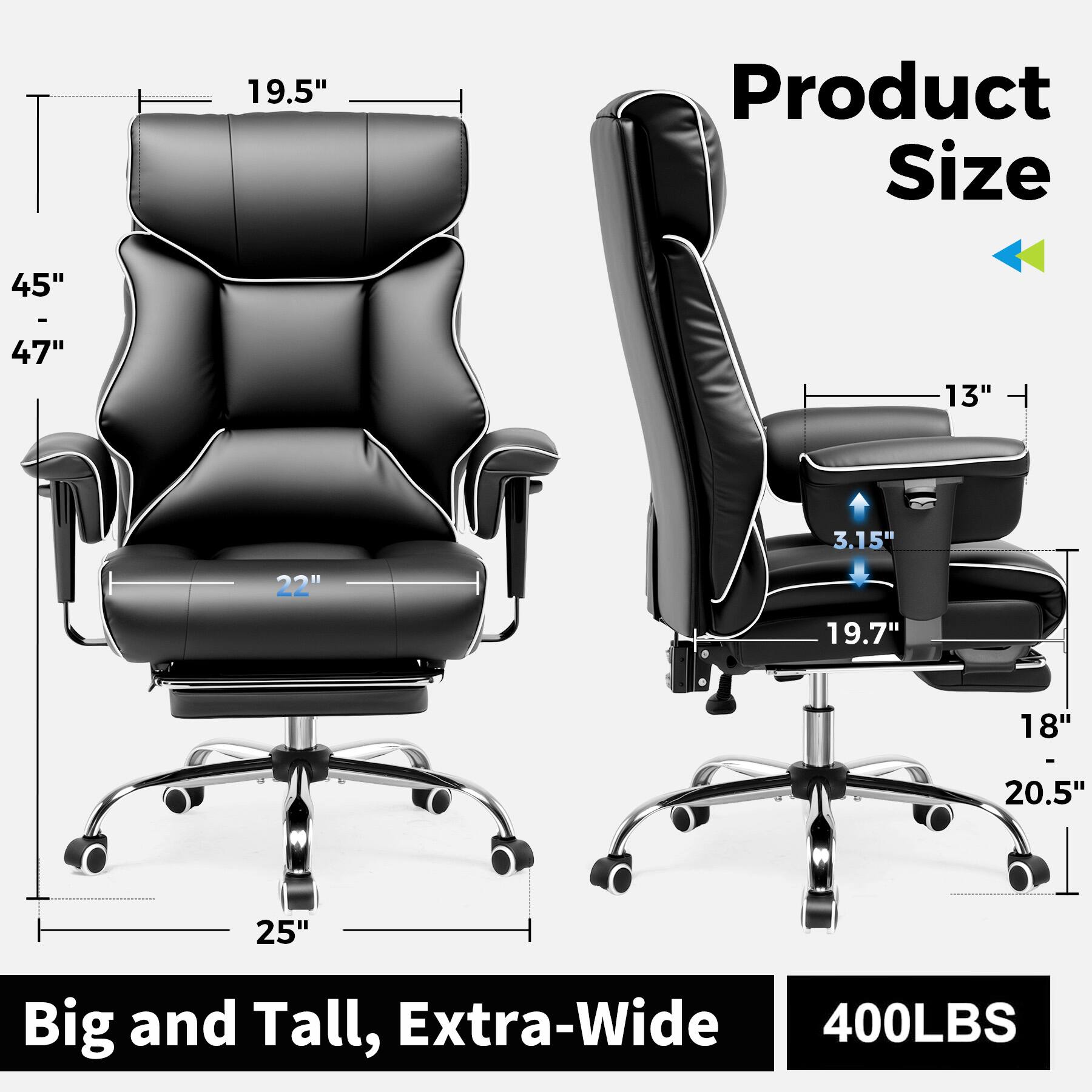 The text on the image reads: "19.5" Product Size 45" I 47" 13" 3.15" 22" 19.7" 18" - 20.5" 25" Big and Tall, Extra-Wide 400LBS."