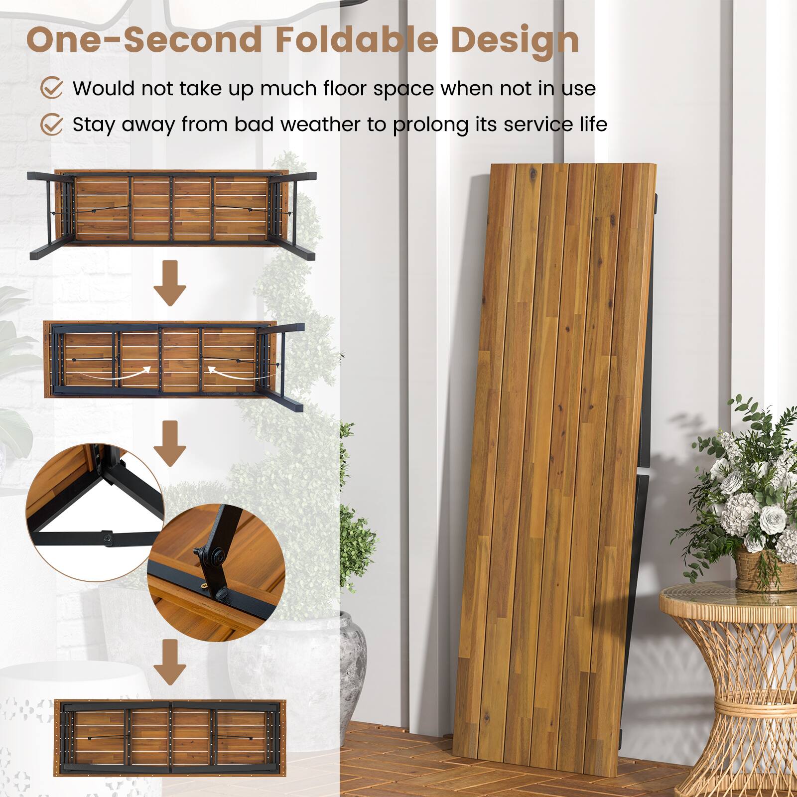 One-Second Foldable Design

- Would not take up much floor space when not in use
- Stay away from bad weather to prolong its service life