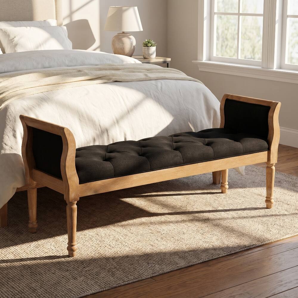 Angle. Ropilly - Ropilly Modern Upholstered Entryway Bench, Charcoal Grey Fabric Seat with Natural Wood Frame and Curved Arms - Charcoal Grey.