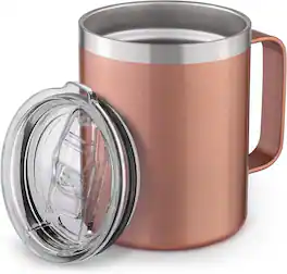 Zulay Kitchen - 12oz Insulated Coffee Mug with Lid - Stainless Steel Camping Mug Tumbler with Handle - Rose Gold
