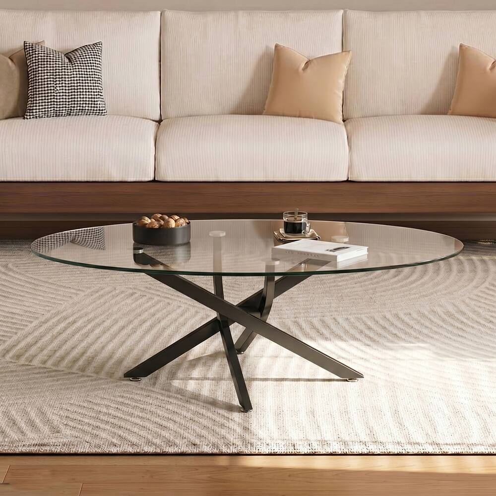 Alt View 8. Loheer - Loheer 39.37" Oval Glass Coffee Table Modern Tea Table with Black Metal Legs - Black.