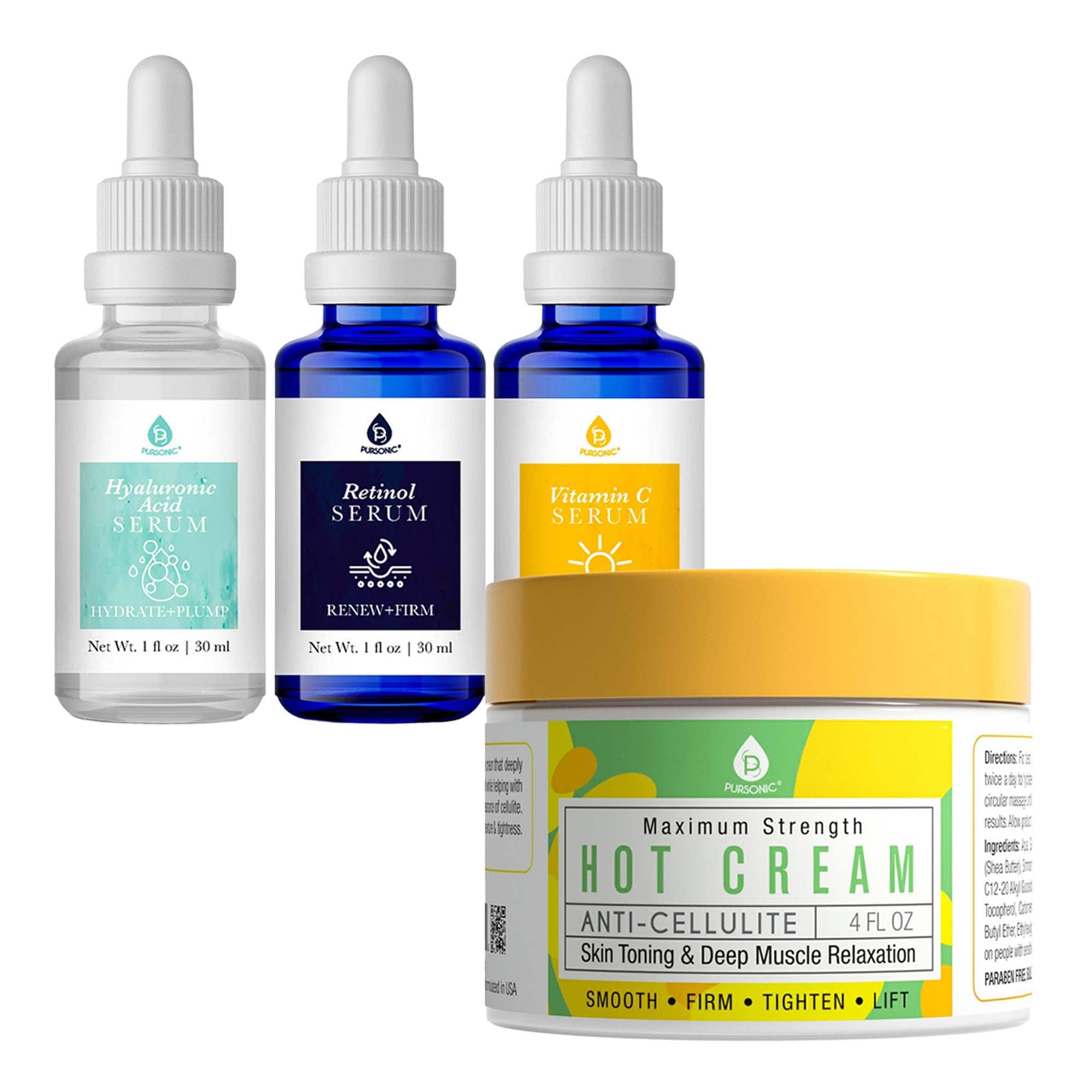 Pursonic - Ultimate Skin Care Duo: Anti Cellulite & Muscle Relaxation Hot Cream + Anti-Aging Serum Set - Multicolor