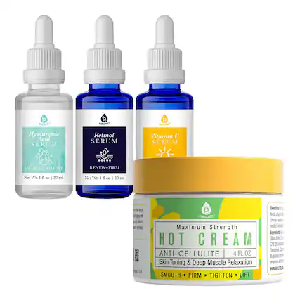 **Hyaluronic Acid SERUM**
HYDRATE+PLUMP
Net Wt. 1 fl oz | 30 ml
**Retinol SERUM**
RENEW+FIRM
Net Wt. 1 fl oz | 30 ml
**Vitamin C SERUM**
**Maximum Strength HOT CREAM**
ANTI-CELLULITE
4 FL OZ
Skin Toning & Deep Muscle Relaxation
SMOOTH • FIRM • TIGHTEN • LIFT
Ingredients:
- C12-15 Alkyl Benzoate
- Tocopheryl Acetate
- Paraben Free
Directions:
Use as directed.
For best results, use daily.
Made in USA
P PURSONIC