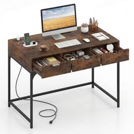 Costway - Office Desk with Power Outlets,43.5" Modern Writing Desk with Hidden Compartment - Rustic Brown