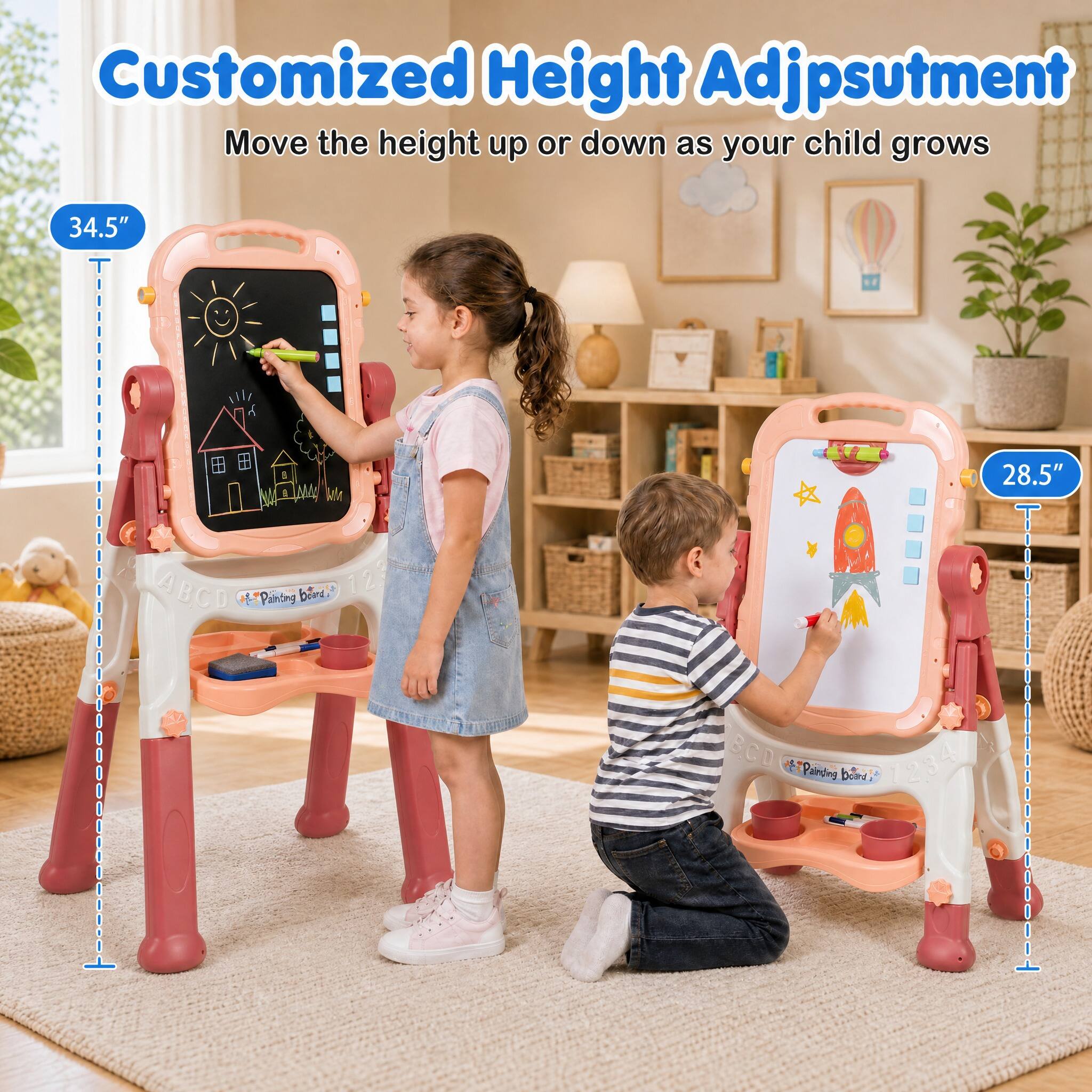 Customized Height Adjustment  
Move the height up or down as your child grows  

34.5"  
28.5"  

ABCD Painting Board 123  
& Painting Board 1234