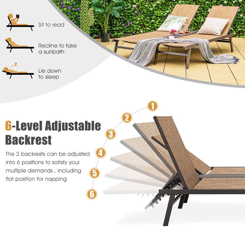 Sit to read  
Recline to take a sunbath  
Lie down to sleep  

6-Level Adjustable Backrest  
The 2 backrests can be adjusted into 6 positions to satisfy your multiple demands, including flat position for napping