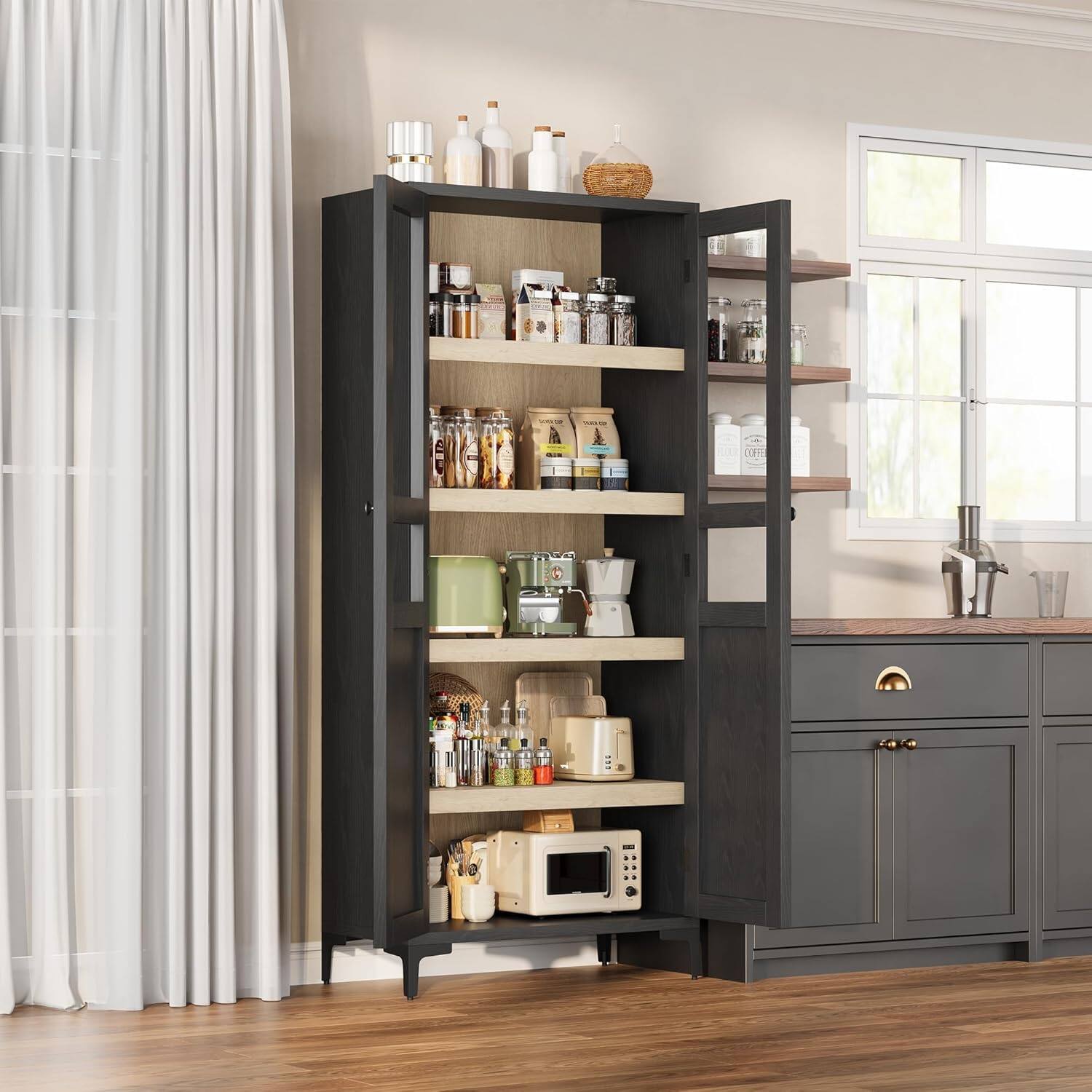 Alt View 2. Acekool - 63" Tall Farmhouse Pantry Cabinet with 5 Tiers, Adjustable Shelf & 2 Doors, Engineered Wood Storage, Black - Black.