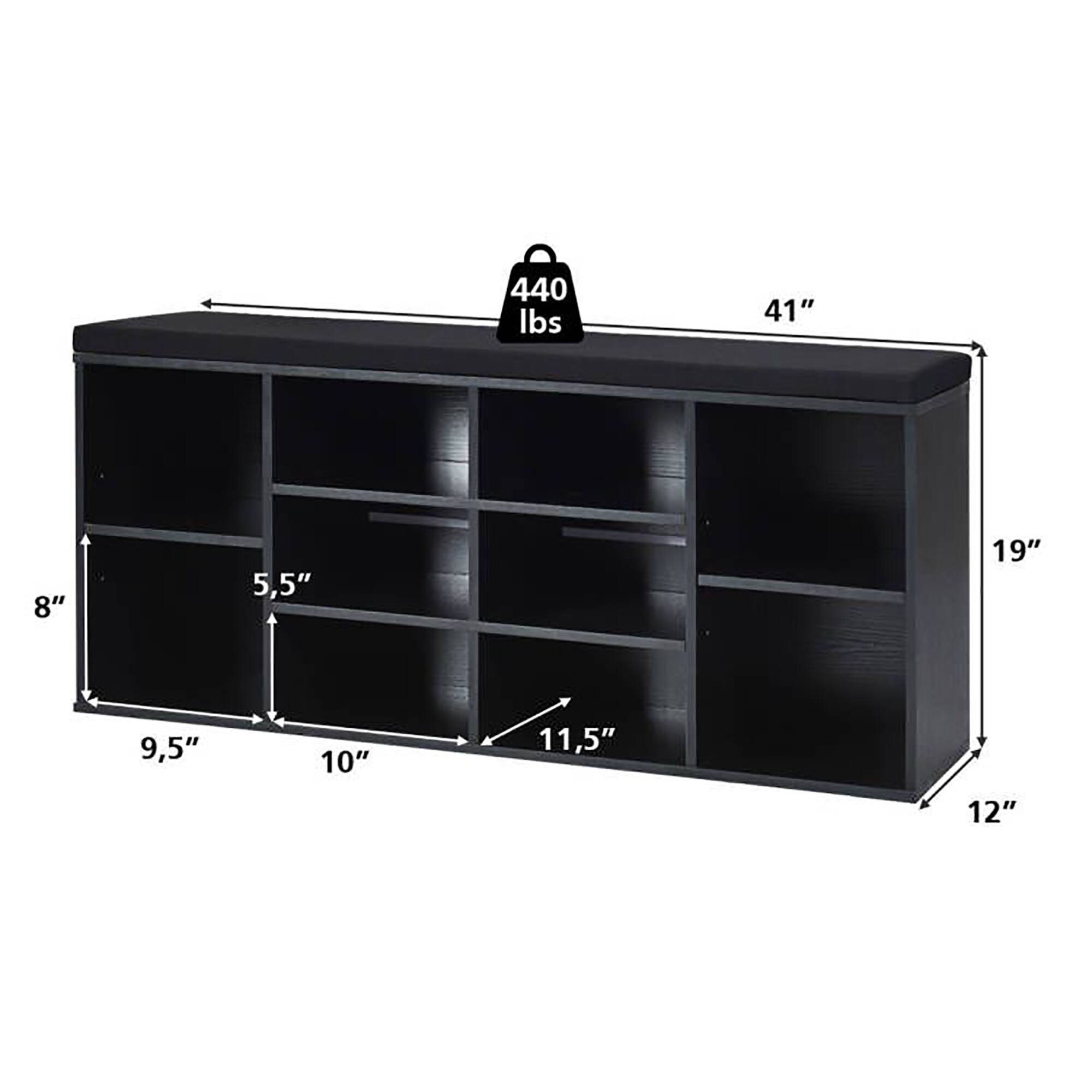 The image shows a black TV stand with a tag that says "440 lbs." The stand is 41 inches tall, 8 inches wide, and 5.5 inches deep. The dimensions of the shelves are 19 inches wide, 9.5 inches deep, and 10 inches high. The stand is also 11.5 inches wide and 12 inches deep.