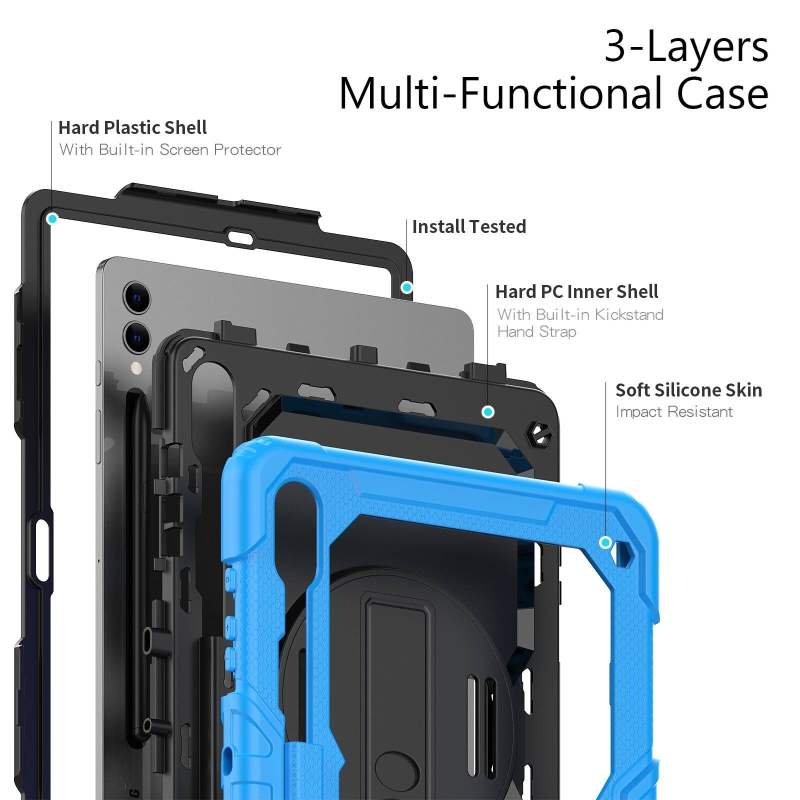 3-Layers Multi-Functional Case

- Hard Plastic Shell With Built-in Screen Protector
- Install Tested
- Hard PC Inner Shell With Built-in Kickstand Hand Strap
- Soft Silicone Skin Impact Resistant