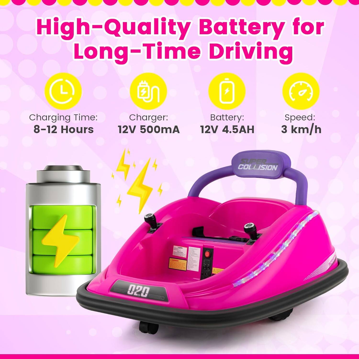 High-Quality Battery for Long-Time Driving

- Charging Time: 8-12 Hours
- Charger: 12V 500mA
- Battery: 12V 4.5AH
- Speed: 3 km/h

SUPER COLLISION - 020