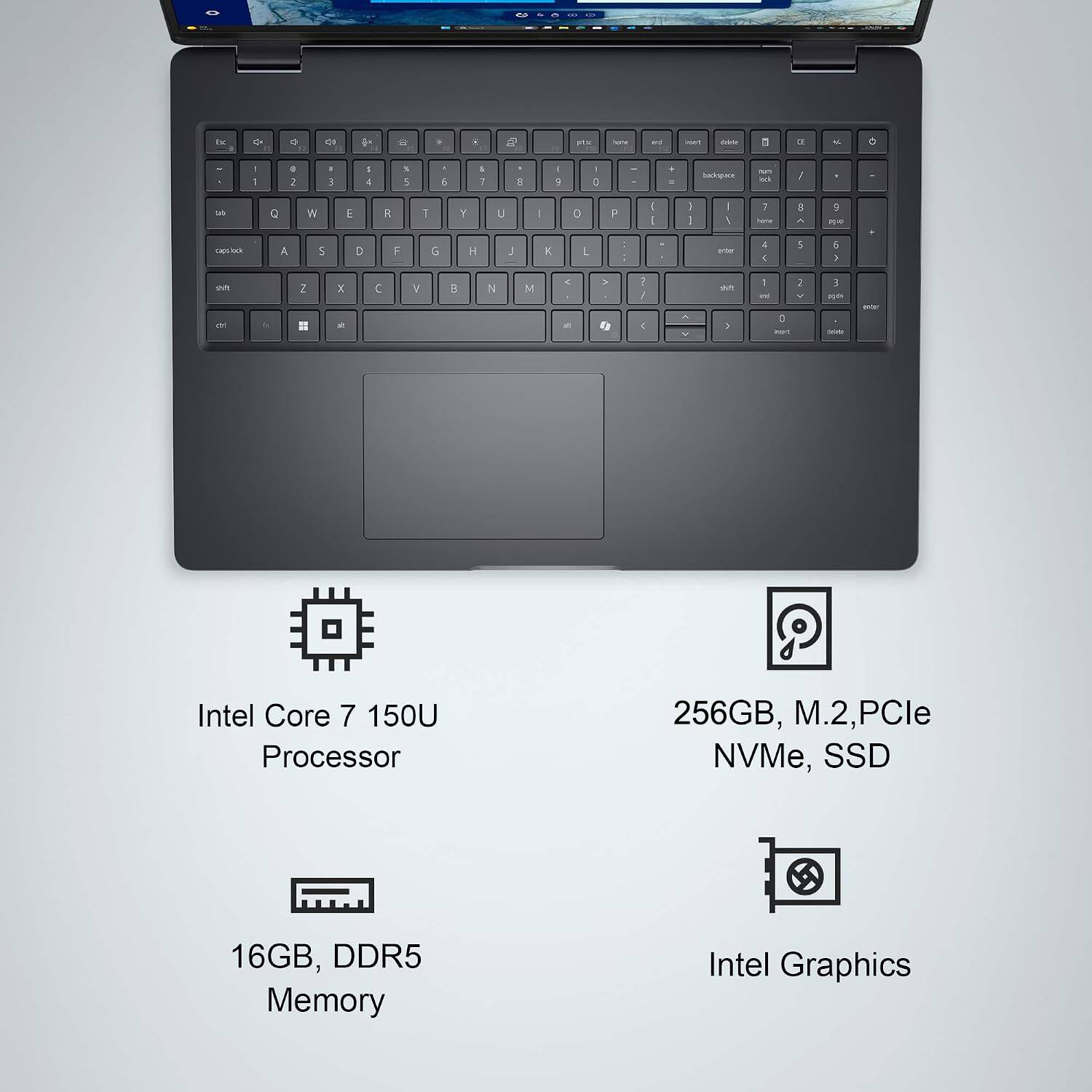 Intel Core 7 150U Processor  
256GB, M.2, PCIe NVMe, SSD  
16GB, DDR5 Memory  
Intel Graphics
