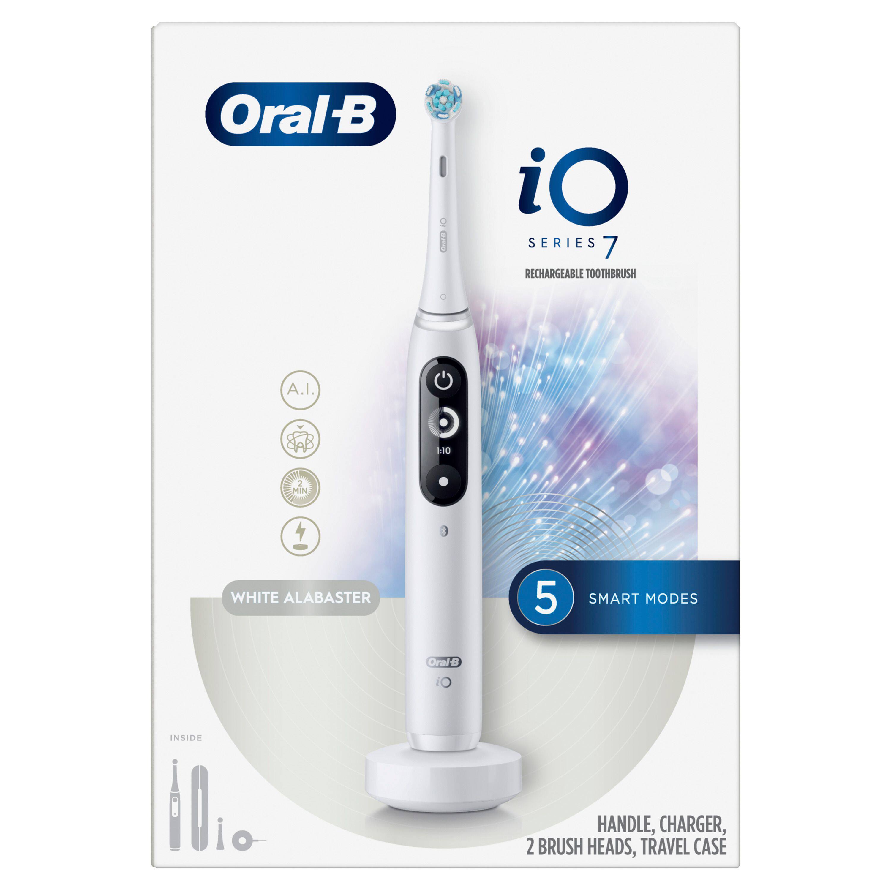 Oral-B iO Series 7 Rechargeable Toothbrush  
A.I.  
Min 1:10 White Alabaster  
5 Smart Modes  
Oral-B Inside Handle, Charger, 2 Brush Heads, Travel Case