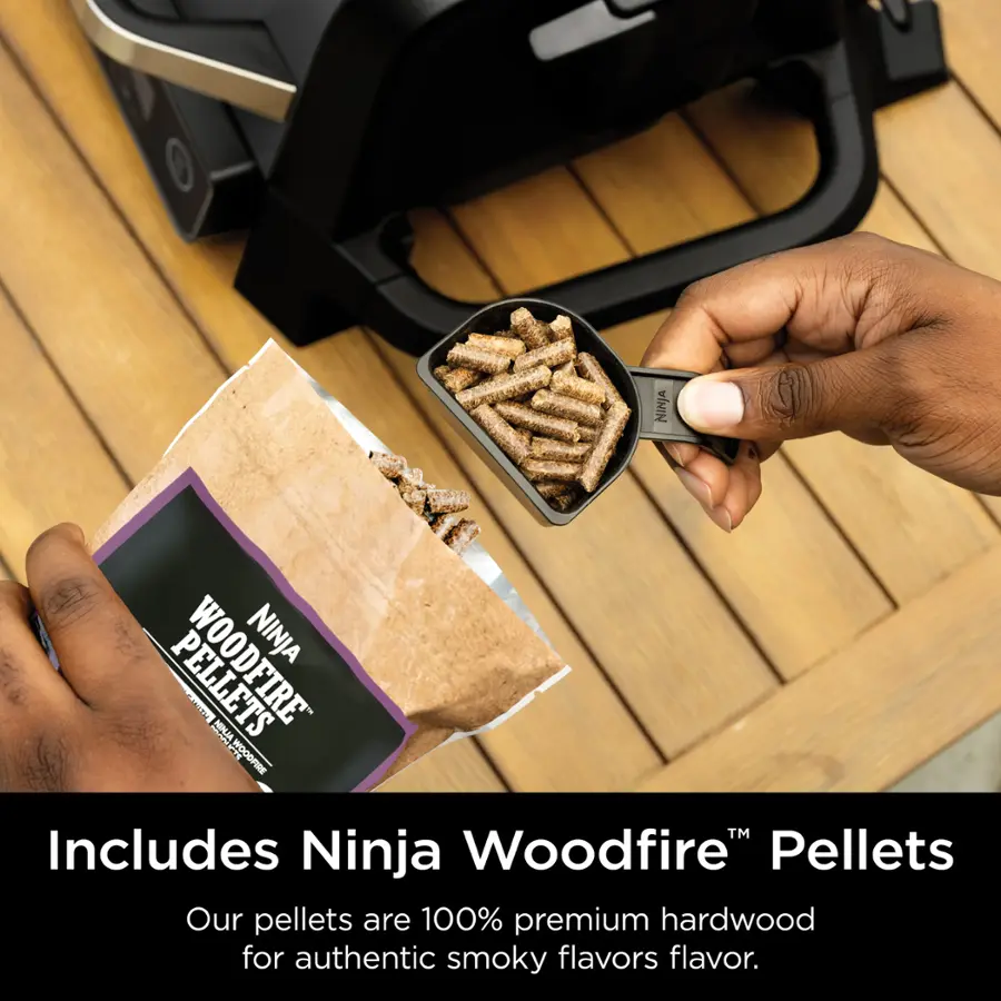 Ninja Woodfire Pellets Includes Ninja Woodfire Pellets Our pellets are 100% premium hardwood for authentic smoky flavors.